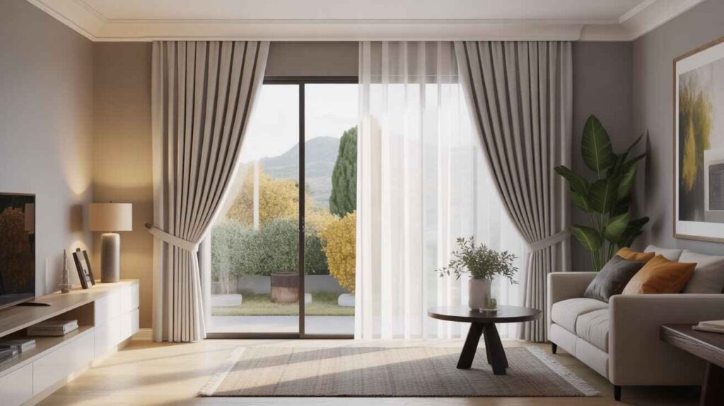 Modern living room with sleek minimalist curtains, layered drapery, and natural lighting showcasing trending curtain styles for 2025 in a stylish contemporary home.