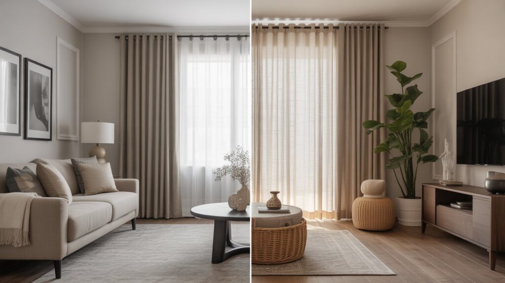 Split view of modern living rooms showing different curtain styles, one with layered sheer and solid panels and the other with light-filtering curtains, highlighting design variations