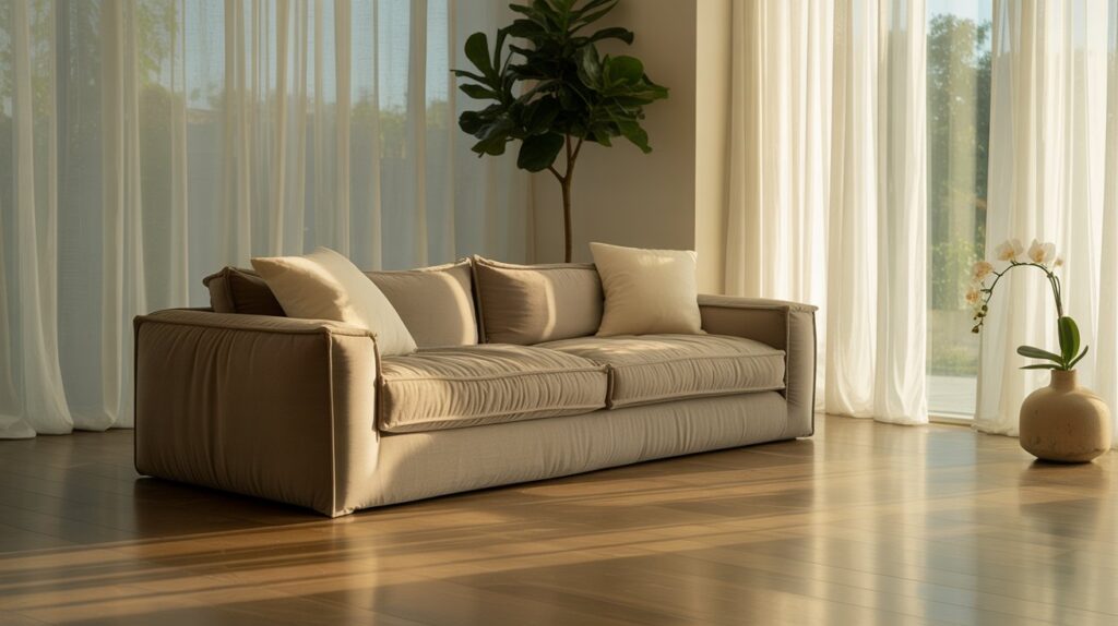 A modern living room with white sheer curtains allowing soft natural sunlight to filter in, featuring a neutral-colored sofa, wooden floor, and minimalistic indoor plants for a cozy and elegant look.