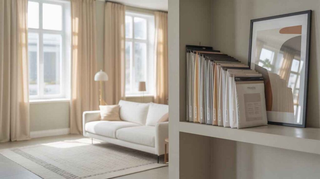 A bright modern living room with large windows decorated with neutral ready-made curtains. Packaged curtain sets displayed on a shelf highlight off-the-shelf convenience, showing a budget-friendly and practical window treatment option for renters and homeowners.