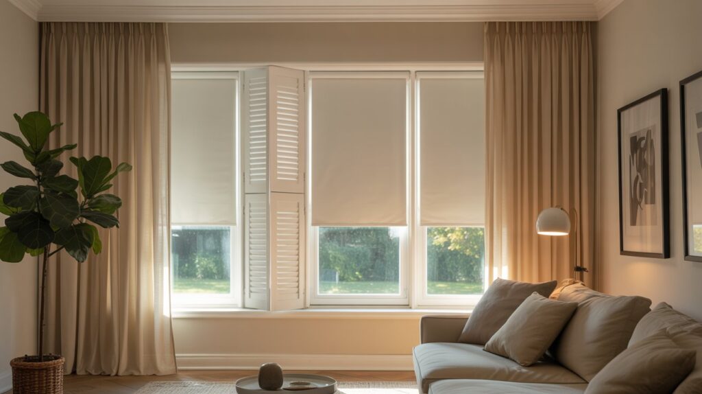 Cozy modern living room with beige curtains, white roller shades, wooden shutters, and an indoor plant in a warm daylight ambiance.