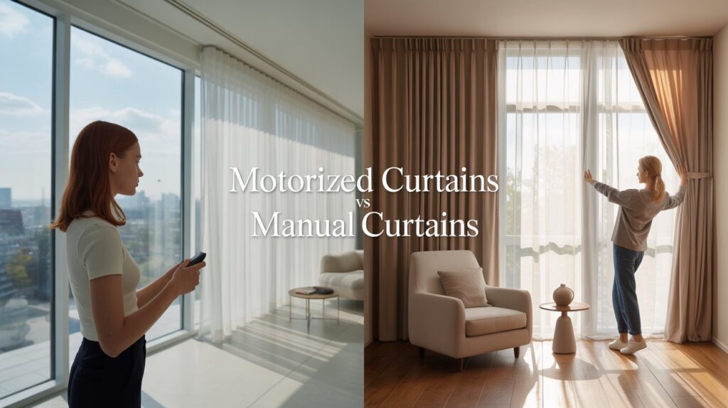 A modern living room showing motorized curtains vs. manual curtains: a woman using a remote to operate motorized curtains on the left and another woman closing manual curtains by hand on the right.