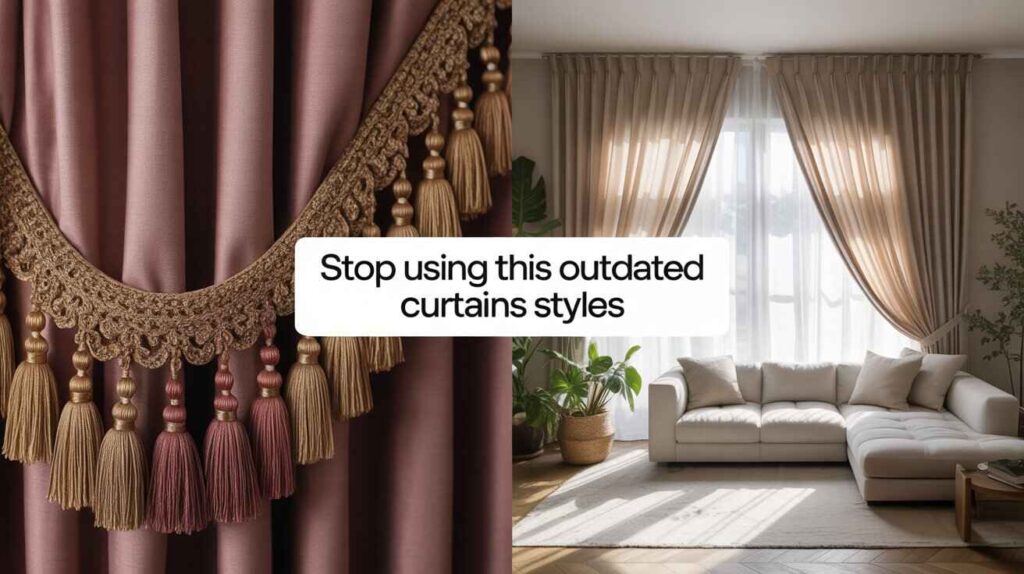 Old-fashioned curtains with heavy tassels compared to modern light curtains in a bright living room interior