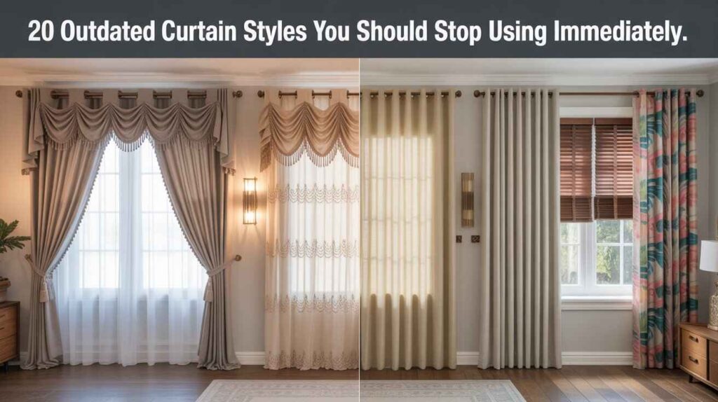 Split-screen comparison showing outdated curtain styles with ruffles, valances, and heavy pleats versus modern alternatives like sleek drapery panels, minimalist curtains, and layered window treatments in a contemporary home interior.