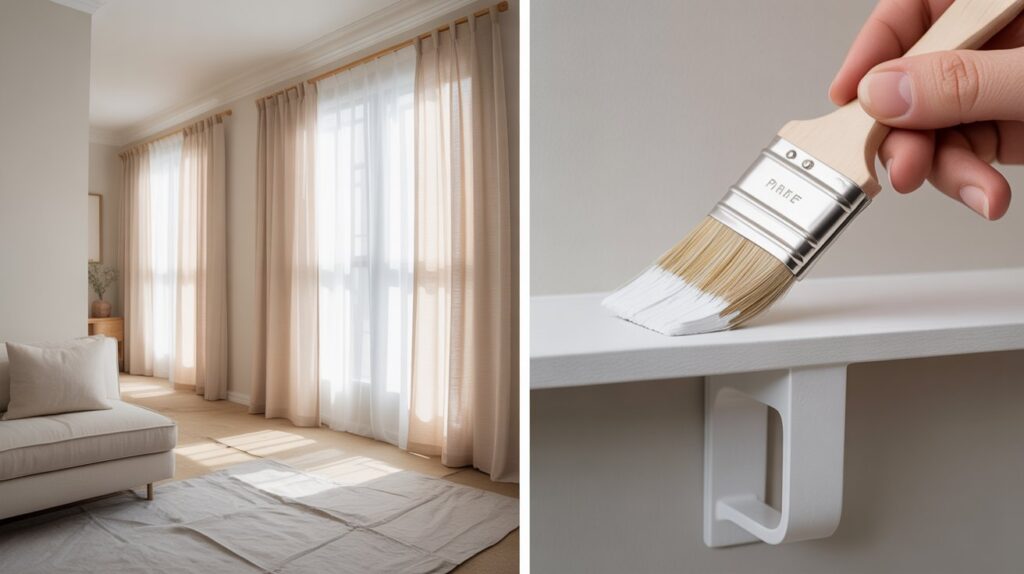 Modern living room with curtain rod brackets painted the same color as the wall, featuring sheer curtains and a close-up of a hand painting a metal bracket for a seamless look.