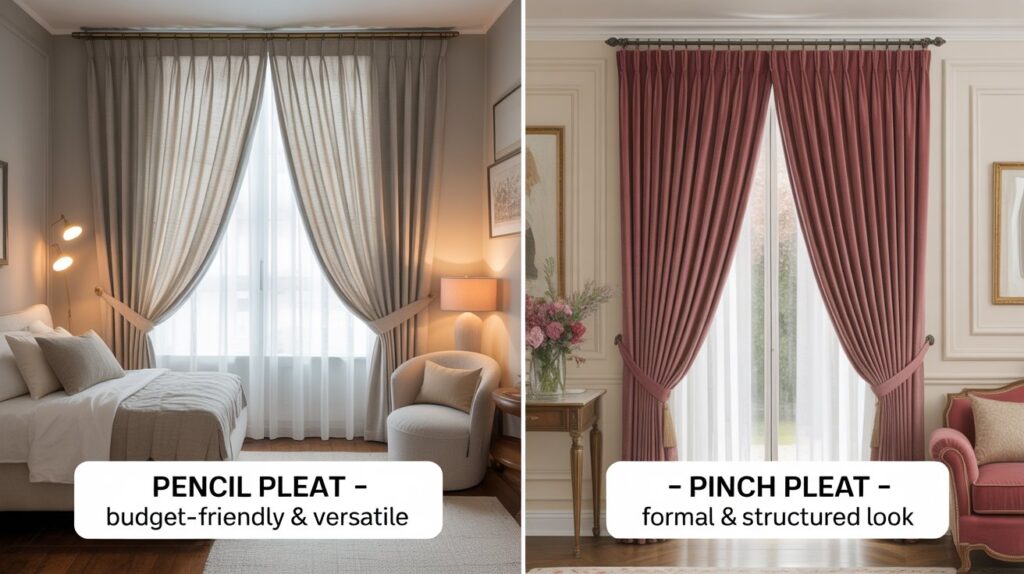 Split-screen comparison of pencil pleat and pinch pleat curtains—the left side showing budget-friendly pencil pleat curtains in a cozy bedroom, and the right side featuring formal pinch pleat velvet curtains in an elegant living room.