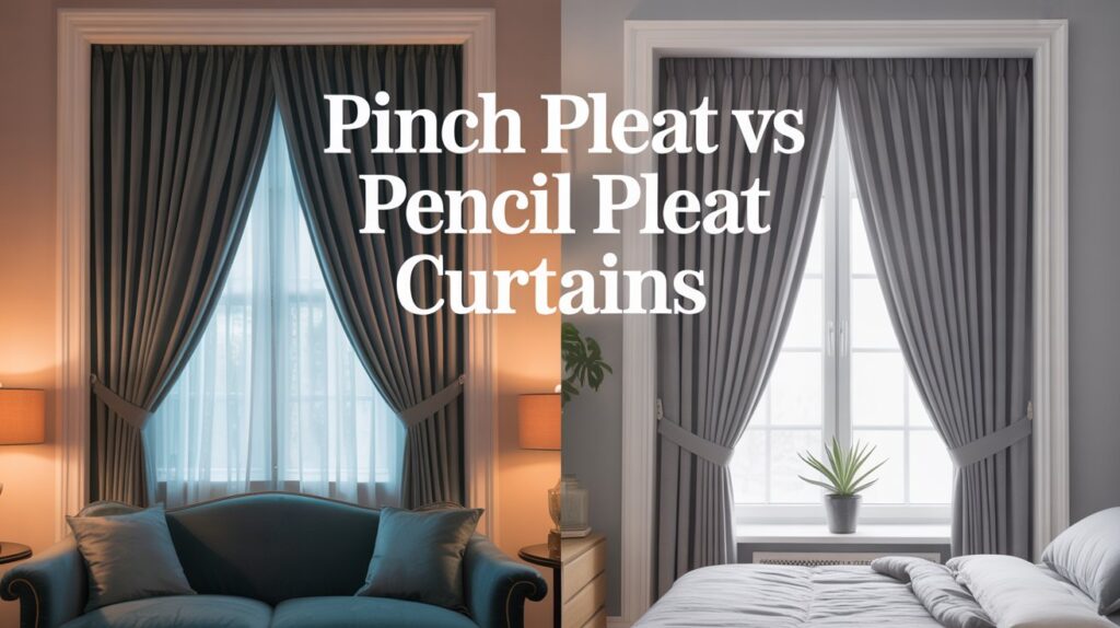 A side-by-side comparison of pinch pleat and pencil pleat curtains in modern interiors, showing differences in style, fabric structure, and light control.