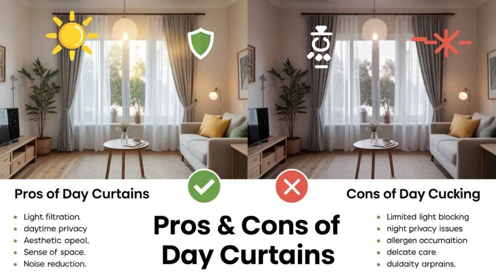 An infographic showing the pros and cons of day curtains in a modern living room, highlighting benefits like light filtration, daytime privacy, aesthetic appeal, sense of space, and noise reduction, and drawbacks such as limited light blocking, nighttime privacy issues, allergen accumulation, delicate care, and durability concerns.