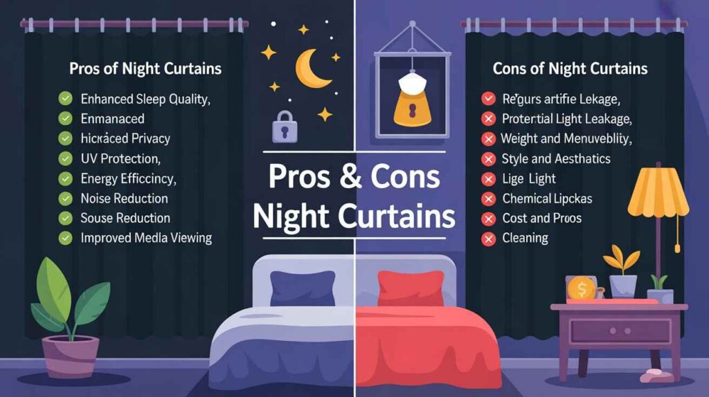 Infographic showing pros and cons of night curtains. The left side highlights benefits such as enhanced sleep quality, increased privacy, UV protection, energy efficiency, noise reduction, and improved media viewing with green checkmarks. On the right, the cons are highlighted with red cross marks, including dependence on artificial lighting, chances of light seepage, bulky weight, limited design options, chemical risks, added expense, and maintenance difficulties.Bedroom illustration with blackout curtains, moon, stars, and lamp icons.