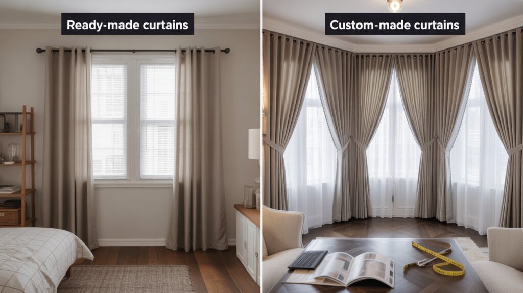 Split-screen comparison of ready-made curtains in a rental apartment versus custom-made curtains in a luxury home, showcasing the difference in style, fit, functionality, and personalization.