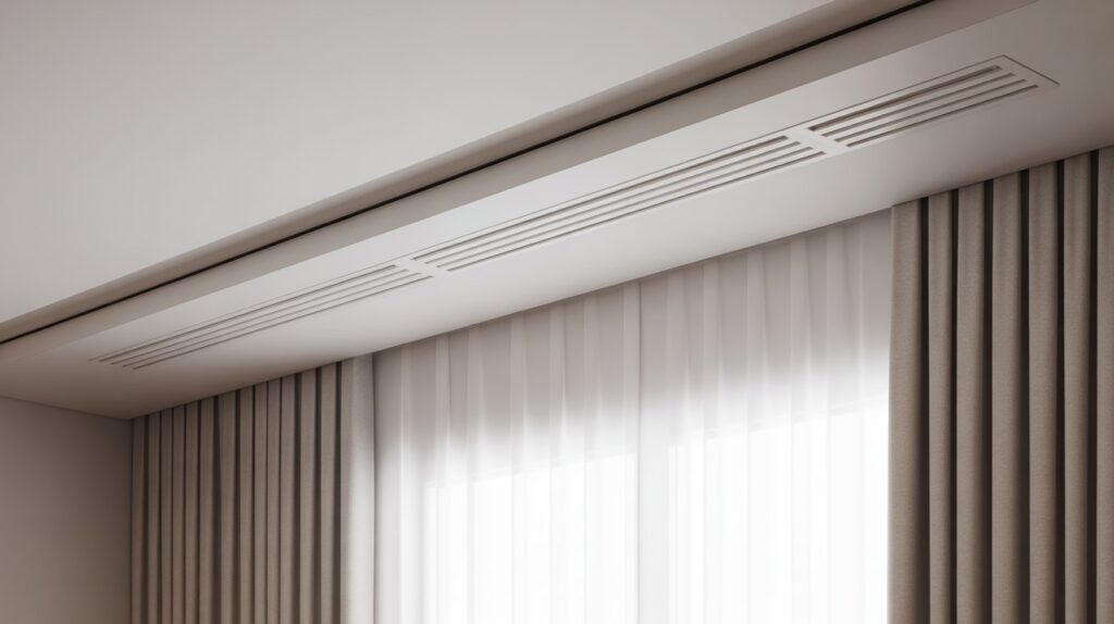 Modern living room with recessed ceiling curtain track, hidden brackets, and soft drapes for a sleek minimalist look.