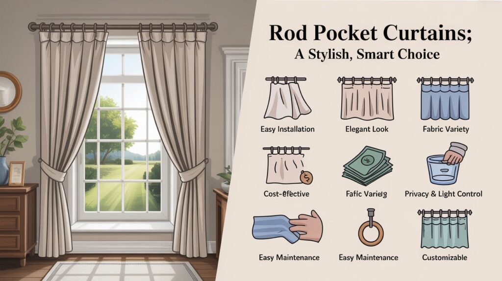 Split infographic image showing rod pocket curtains. The left side displays an elegant interior with rod pocket curtains hung on a rod, featuring soft pleats and no visible rings. The right side lists benefits with icons: easy installation, elegant look, fabric variety, cost-effective, privacy & light control, easy maintenance, and customizable. The header reads “Rod Pocket Curtains: A Stylish, Smart Choice.