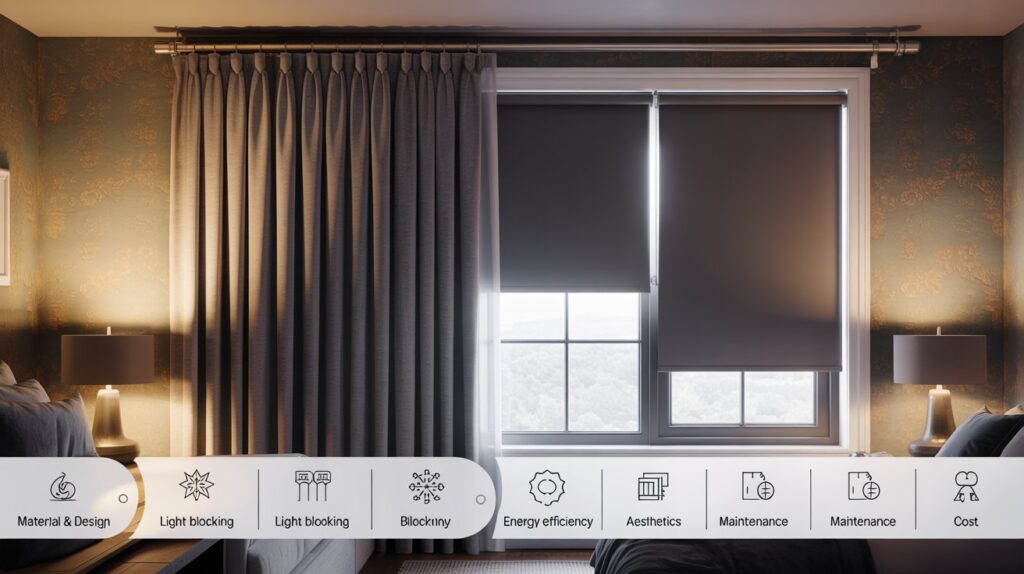 Infographic comparison of room-darkening curtains and light-blocking shades in a modern bedroom, highlighting differences in material, light control, energy efficiency, style, maintenance, and cost