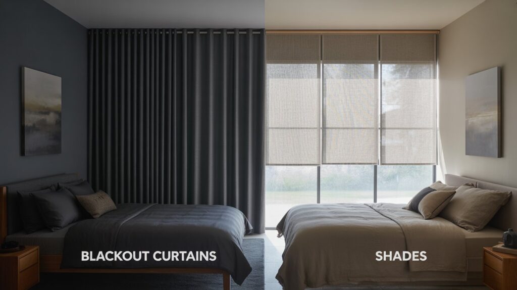 Modern bedroom comparison of room-darkening curtains and window shades, highlighting light control differences