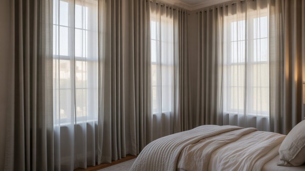 Bedroom with light gray semi-sheer curtains and soft natural light.