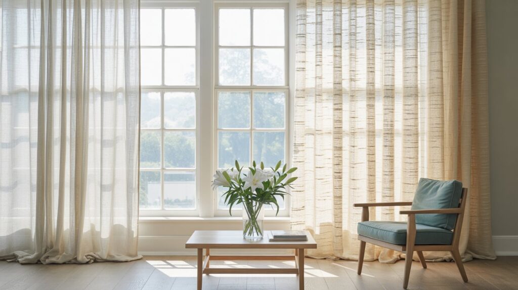 Living room decorated with sheer and semi sheer curtains, highlighting their texture and light-filtering effect