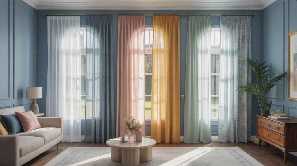 Realistic interior design of a cozy room with blue walls and a large window showcasing multiple sheer curtain styles, including white, grey, blush pink, mustard yellow, mint green, patterned, and blue monochromatic sheers for stylish home decor inspiration.