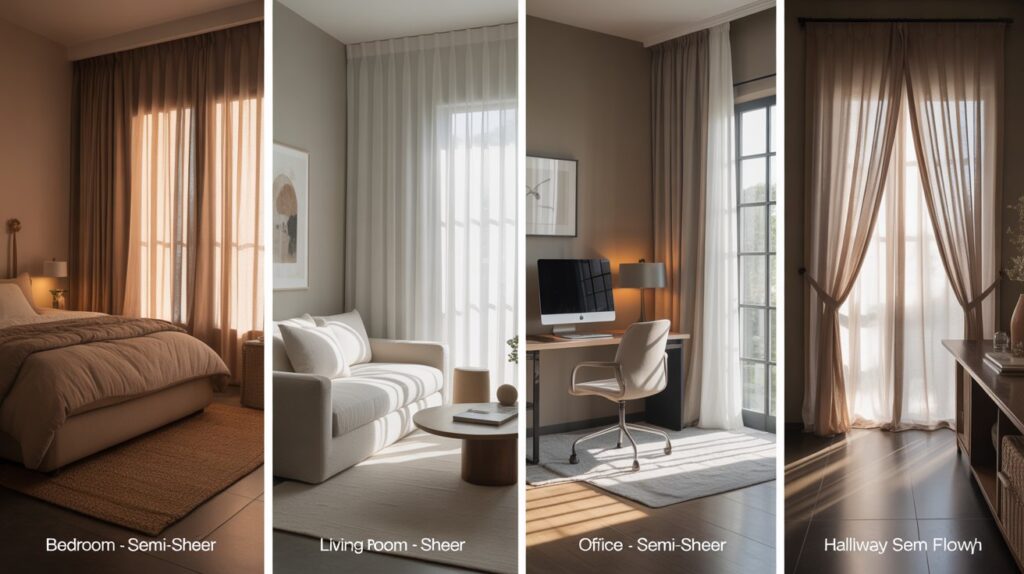 Side-by-side comparison of sheer and semi-sheer curtains in bedrooms, living rooms, offices, and hallways.
