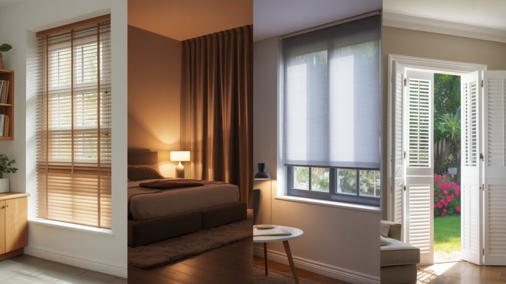 Side-by-side comparison of four window coverings—faux wood blinds in a bright kitchen, blackout curtains in a cozy bedroom, roller shades in a minimalist home office, and white plantation shutters in a sunlit living room with a garden view—showing differences in style, light control, and privacy.