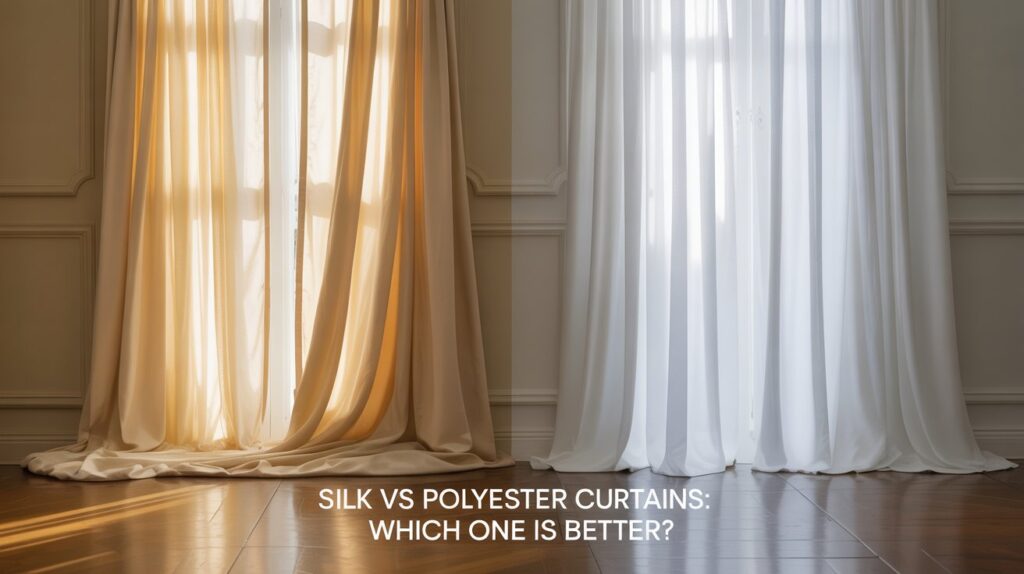 Side-by-side display of silk and polyester curtains in a softly lit room, highlighting the contrast in fabric texture, color, and light filtering—Silk vs Polyester Curtains