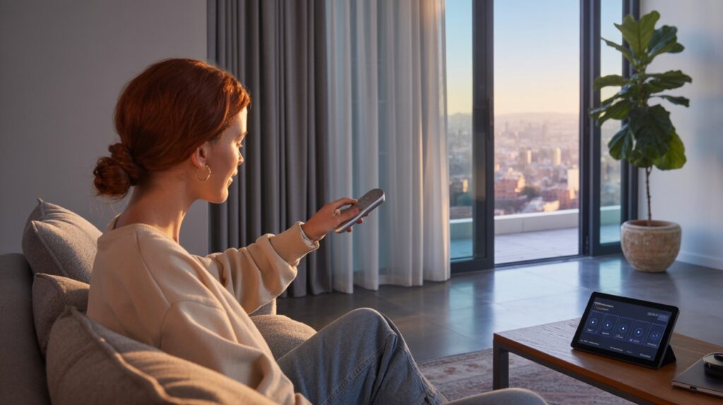 A young woman sitting on a sofa in a modern smart living room, using a remote control to operate motorized curtains, with a tablet showing smart home controls on the table.