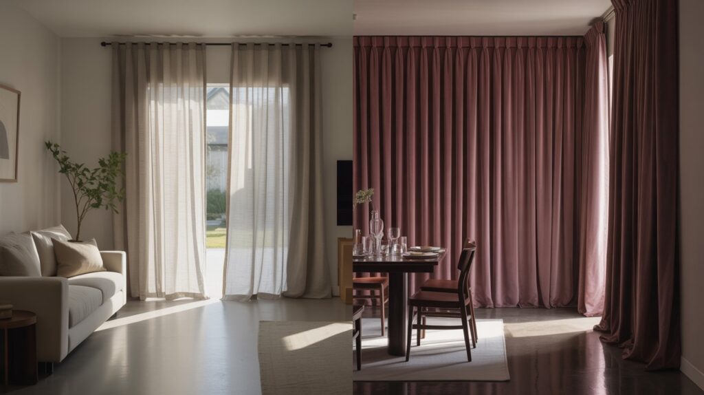 Split view showing 14 key differences between curtains and drapes, with light sheer cotton curtains in a bright living room on the left and heavy velvet drapes in an elegant dining room on the right