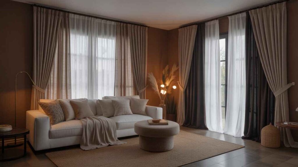 Stylish living room with brown walls, layered curtains in linen, cotton, and velvet, a white sofa, soft lighting, and cozy modern décor.