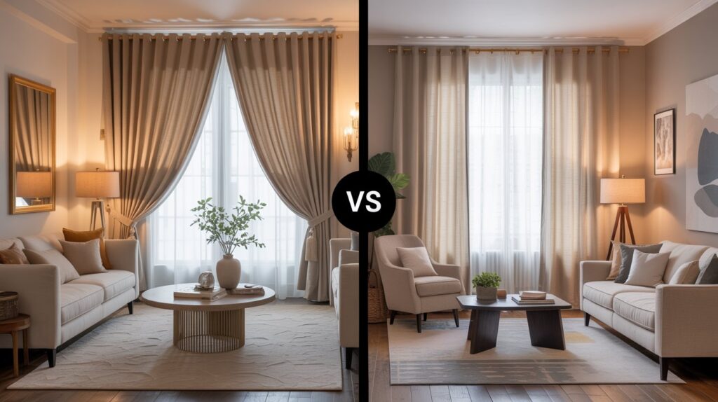 Side-by-side comparison of tailored curtains and pre-made curtains in elegant living rooms—showcasing the difference in fit, style, and overall room aesthetics.