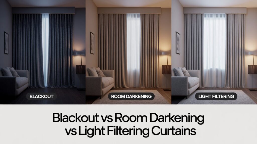 Horizontal comparison image showing blackout, room darkening, and light filtering curtain styles in three modern living rooms, each displaying different levels of light control and privacy.