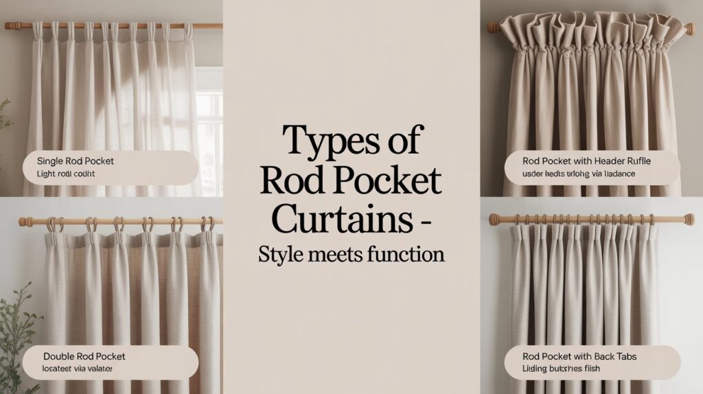 Infographic image showcasing four types of rod pocket curtains in a quadrant layout. Top-left: single rod pocket with lightweight voile curtain. Bottom-left: double rod pocket holding a valance. Top-right: rod pocket curtain with header ruffle for decorative style. Bottom-right: rod pocket with back tabs showing dual hanging style. All curtains are displayed against neutral-toned walls with soft lighting and visible fabric textures. The central heading reads “Types of Rod Pocket Curtains—Style Meets Function.