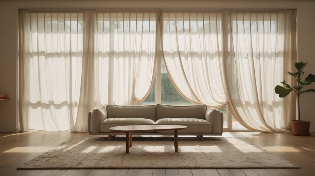 Bright modern living room with unlined curtains made of lightweight fabric, allowing sunlight to softly filter through and create an airy, casual atmosphere.