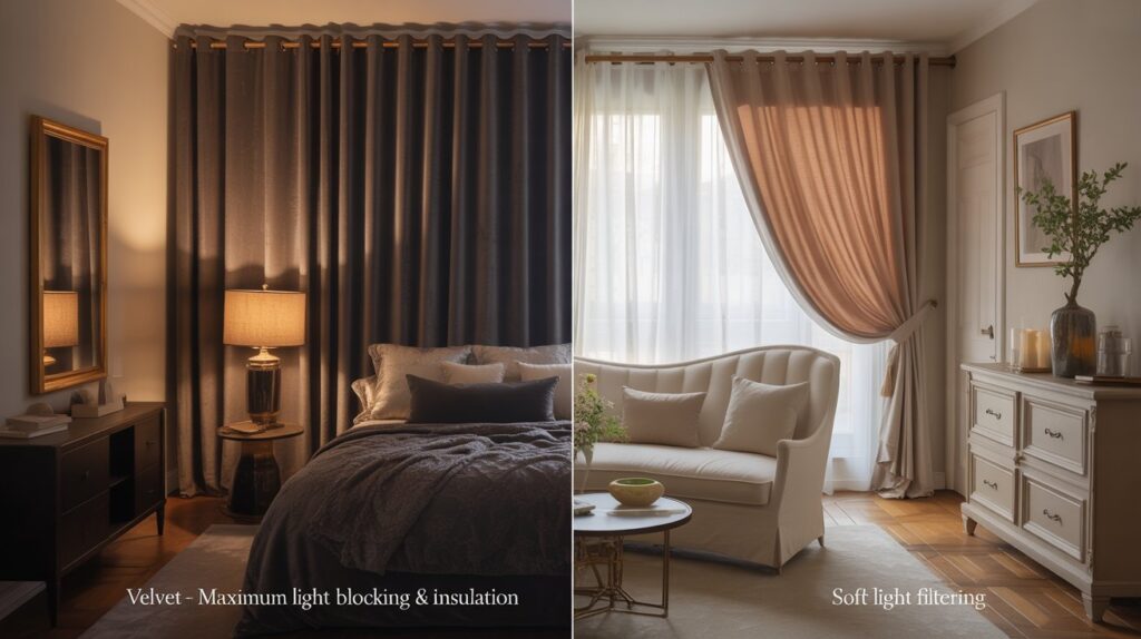 A split view of a room showcasing velvet and silk curtains: the left side features a dark, cozy bedroom with thick velvet curtains for maximum light blocking and insulation, while the right side displays a bright living room with soft, flowing silk curtains allowing gentle light filtering. Clear contrast between warmth and glow illustrates the differences in fabric performance.