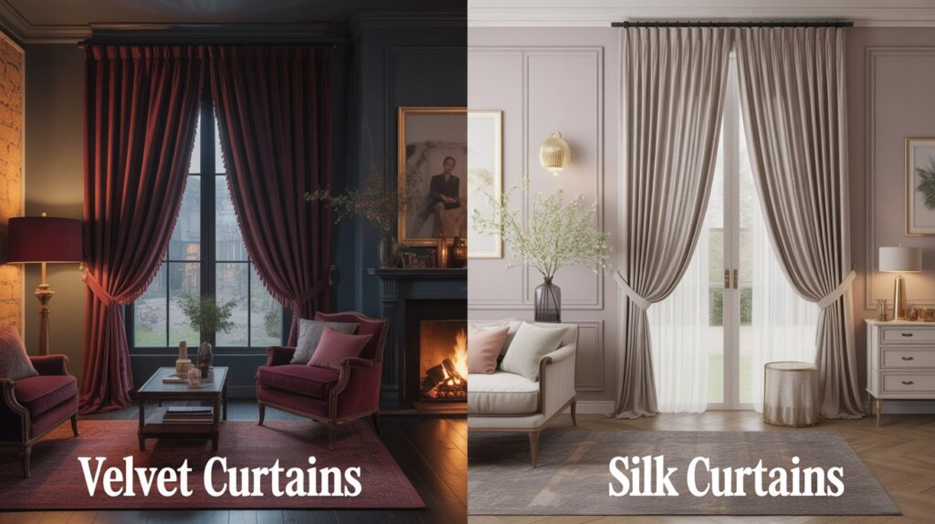 Split-room interior showing velvet vs silk curtains—dark, luxurious velvet curtains in a vintage living space on the left, and elegant, shiny silk curtains in a bright modern room on the right.