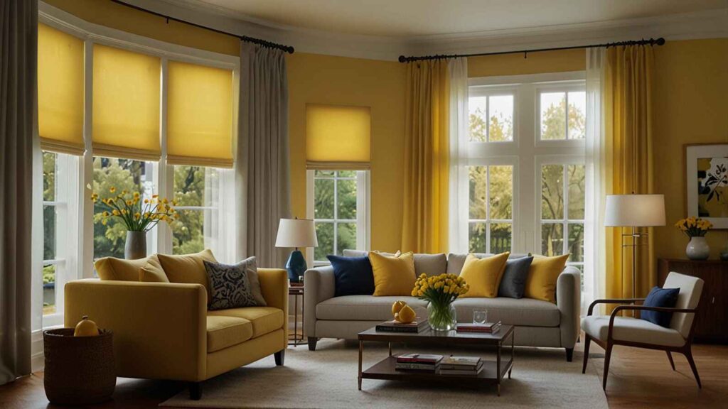 Stylish living room with yellow walls paired with white and gray curtains, showing decor ideas for What Color Curtains Go with Yellow Walls?