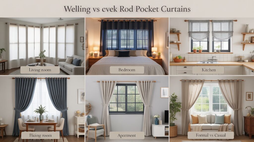 Image showing different rooms styled with rod pocket curtains: living room, bedroom, kitchen, apartment, and a formal vs casual setup.