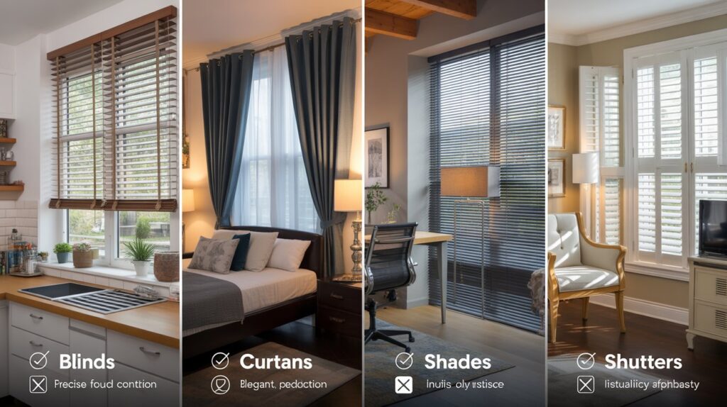 Split-screen comparison of four window treatments—blinds in a bright kitchen, curtains in a cozy bedroom, shades in a minimalist home office, and shutters in a sunlit living room—each showing pros and cons with checkmark and cross icons.