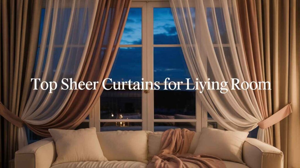 Best sheer curtains for a living room with elegant fabric design, cozy sofa setup, and warm night lighting for a stylish home interior.