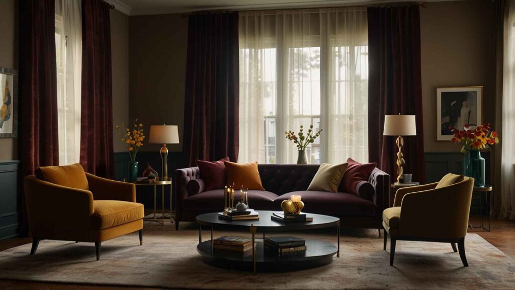 A modern living room with stylish furniture and the best velvet curtains for living room décor, adding elegance and warmth to the space.