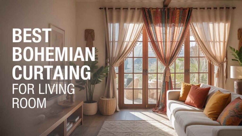 Bohemian-style curtains for the living room with layered sheer drapes, colourful patterned fabric, and a cosy sofa with vibrant throw pillows.