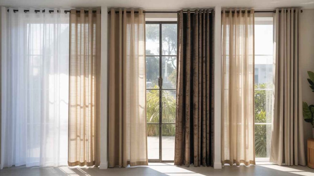 Modern bright living room with layered curtains in neutral tones for window styling and natural light control