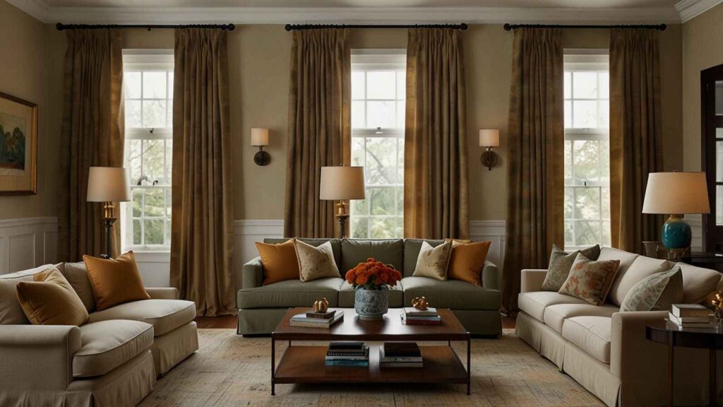 Elegant cheap curtain ideas for living rooms featuring floor-length golden drapes, cosy sofas with cushions, and a warm, inviting interior.
