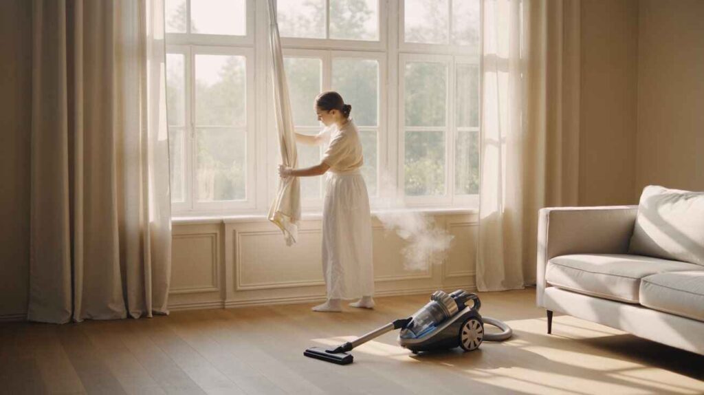 Bright living room with fresh curtains being cleaned, a woman adjusting fabric, and a HEPA vacuum removing dust and allergens to prevent allergies.