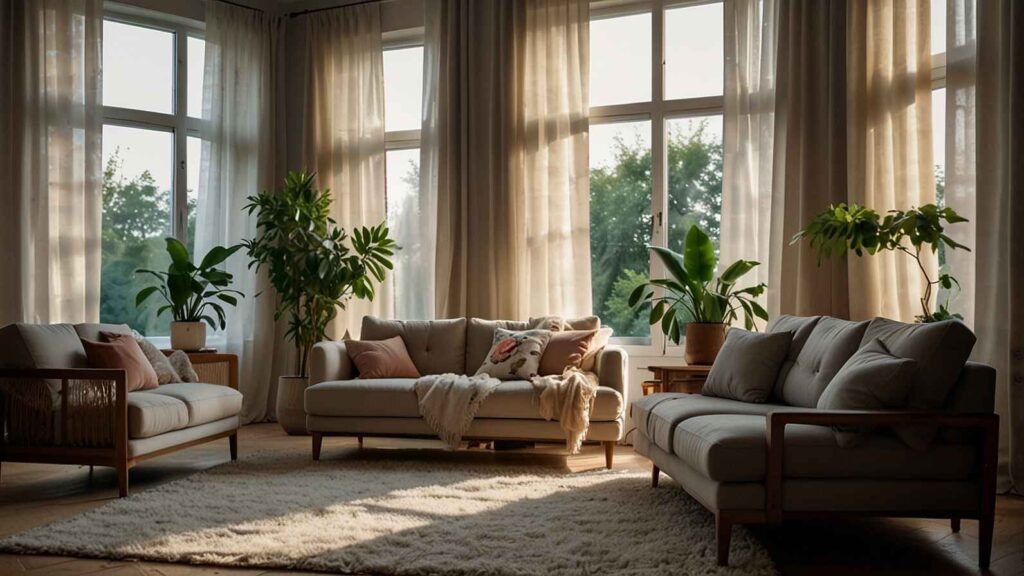 Stylish cotton curtains for a living room with natural light, cozy sofas, and modern home décor
