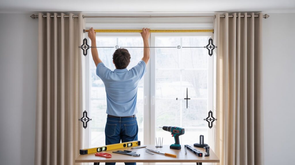 Person measuring window for curtain installation with tools and curtain rod ready.