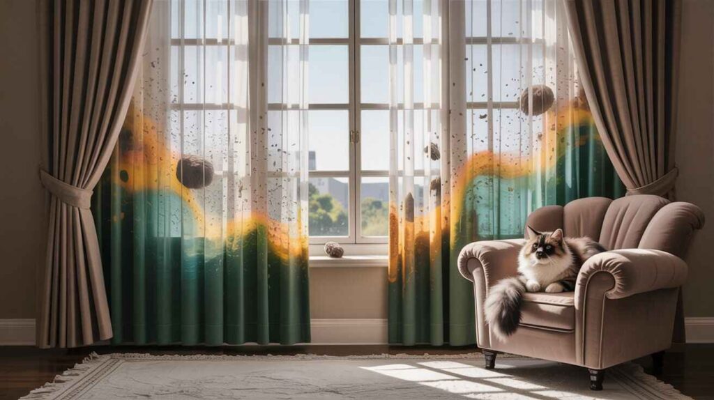 Modern living room with curtains trapping dust, pollen, pet dander, and allergens, showing how fabrics like cotton, linen, and velvet can contribute to allergies.