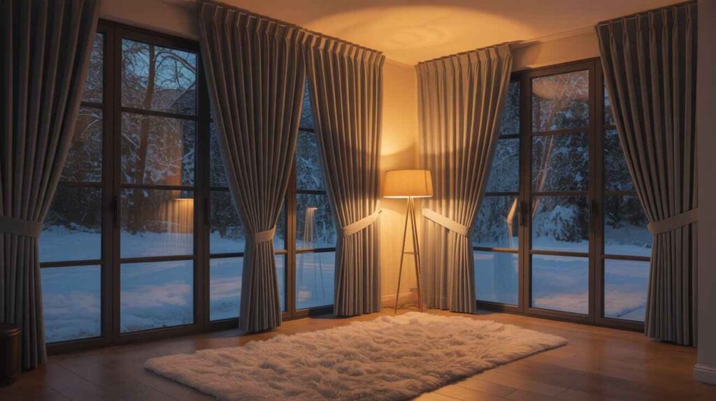 Cozy winter living room with heavy thermal curtains closed, showing how curtains affect room warmth by trapping heat and blocking drafts.