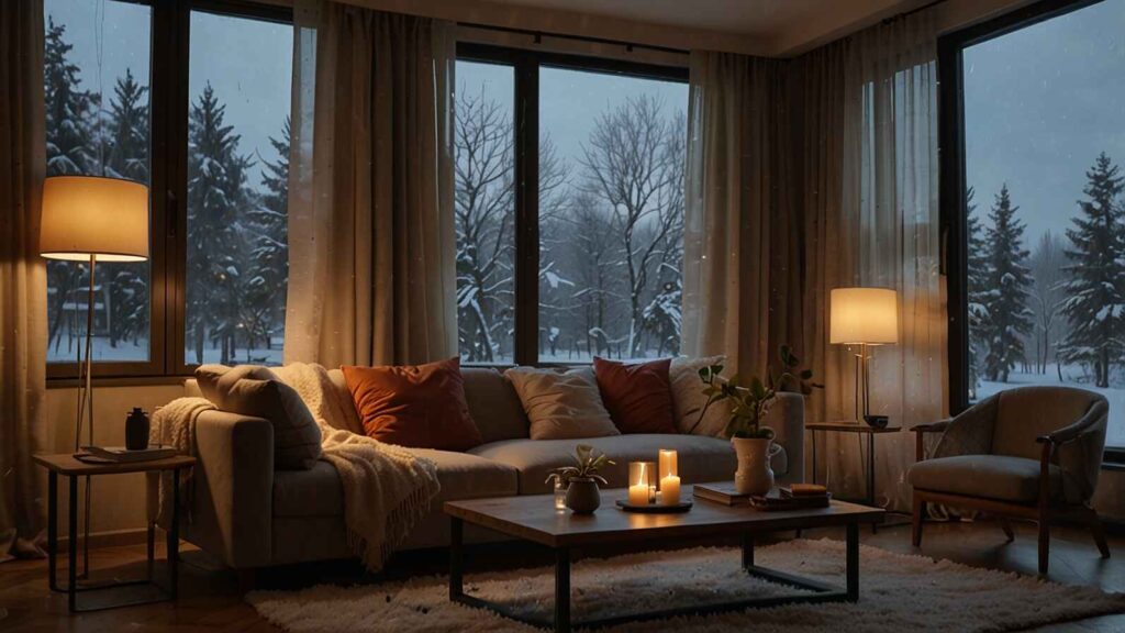 A cozy winter living room with thick curtains showing how curtains help keep heat in by blocking drafts and reducing heat loss through large windows.