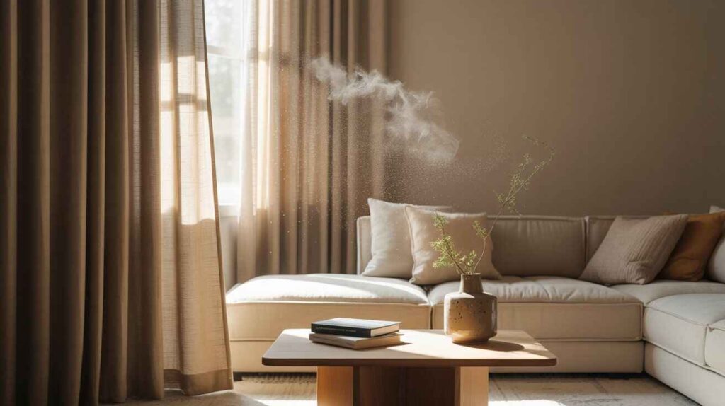 Dust particles rising near curtains in a modern living room, showing how curtains may trigger allergies indoors.