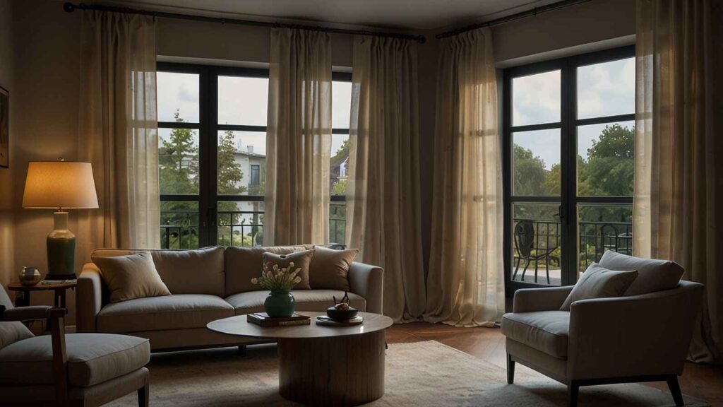 
Elegant living room with large windows decorated with beige linen curtains for the living room, creating a cozy and airy atmosphere.