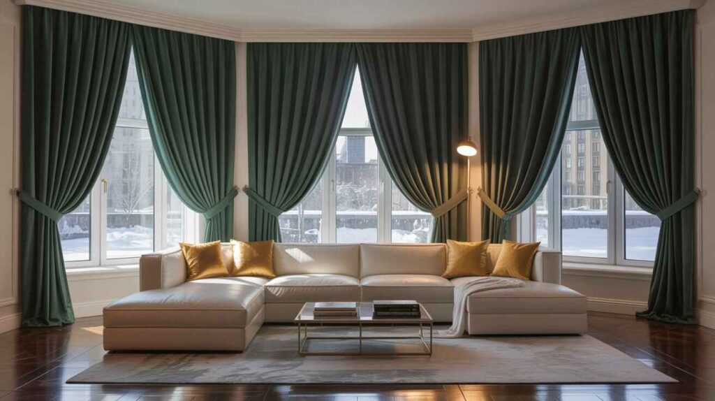 Luxury curtains for the living room with elegant floor-to-ceiling green drapes framing large windows, paired with a modern white sectional sofa and gold accent pillows.